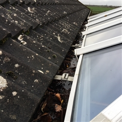 Gutter between house and conservatory full of leaves and debris